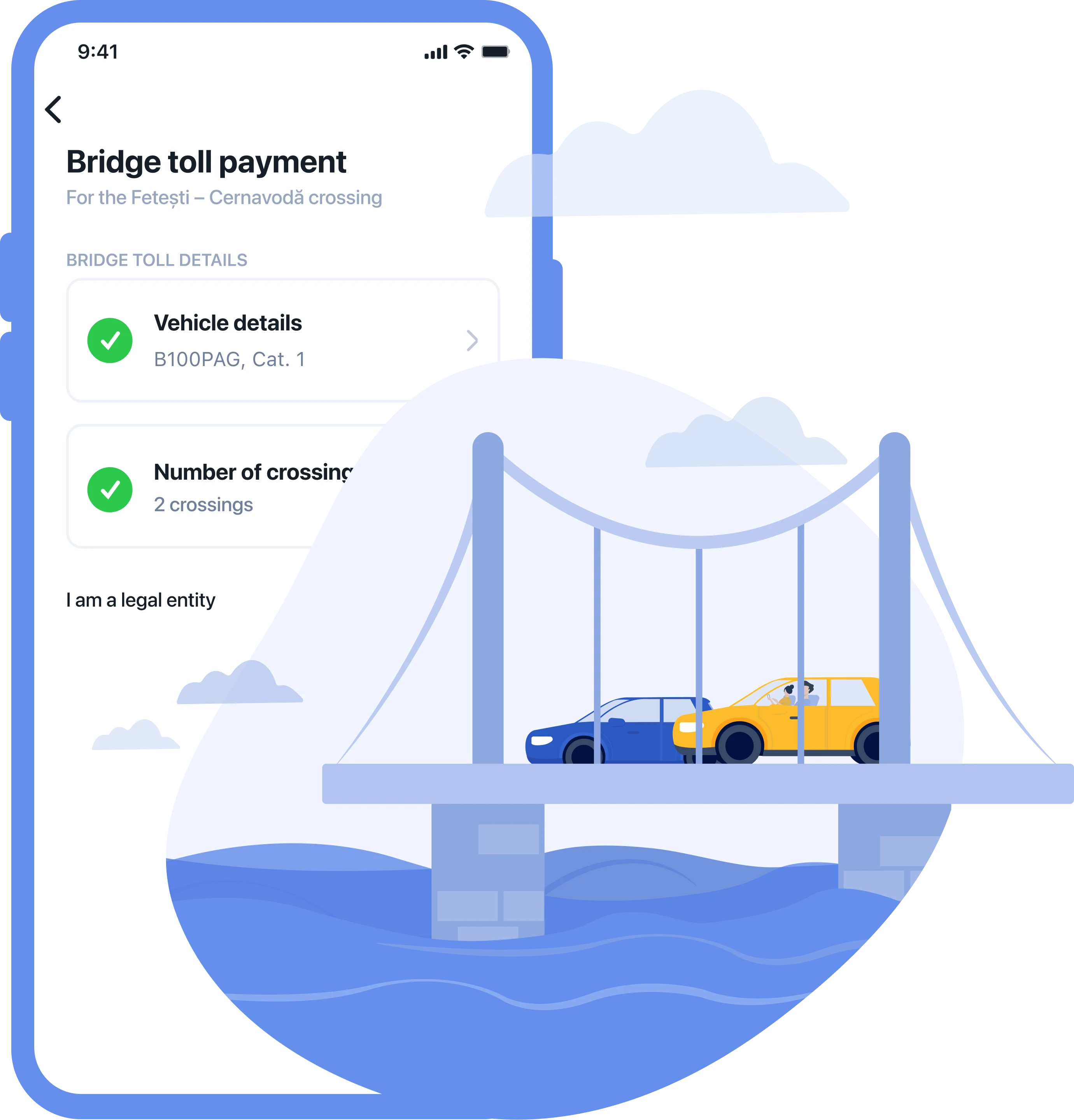 Illustration of the Pago app screen showing the Fetești bridge toll